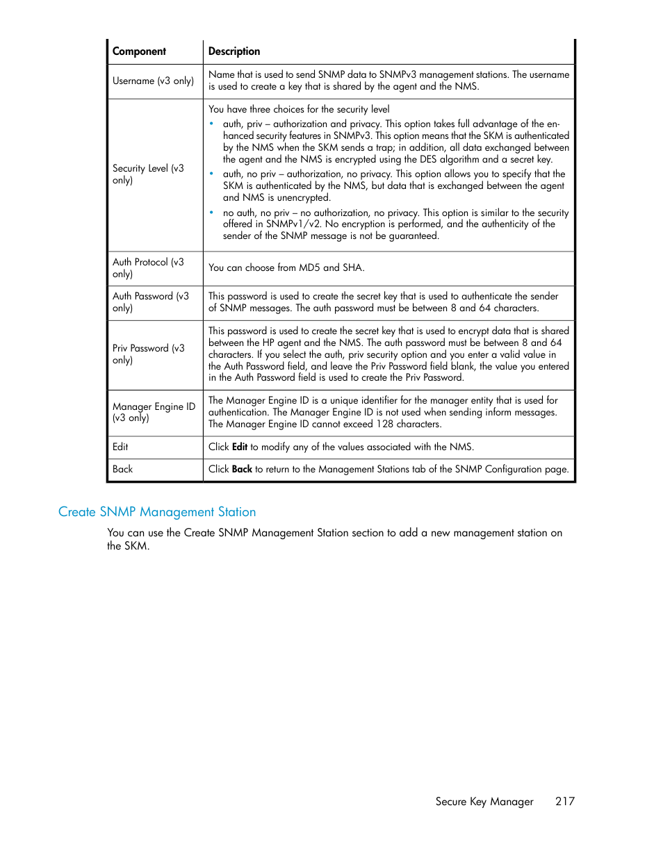 Create snmp management station | HP Secure Key Manager User Manual | Page 217 / 352