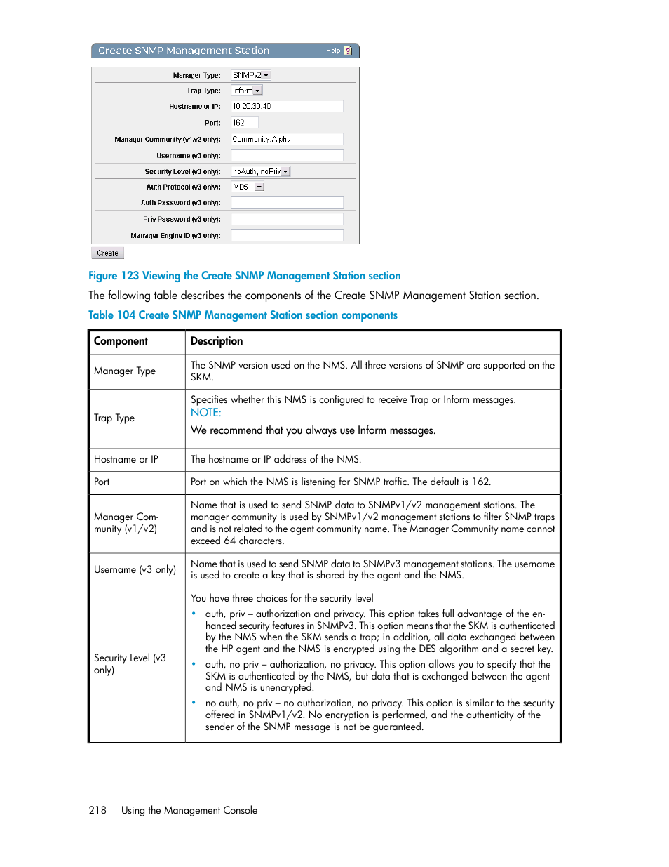 Viewing the create snmp management station section, Create snmp management station section components | HP Secure Key Manager User Manual | Page 218 / 352