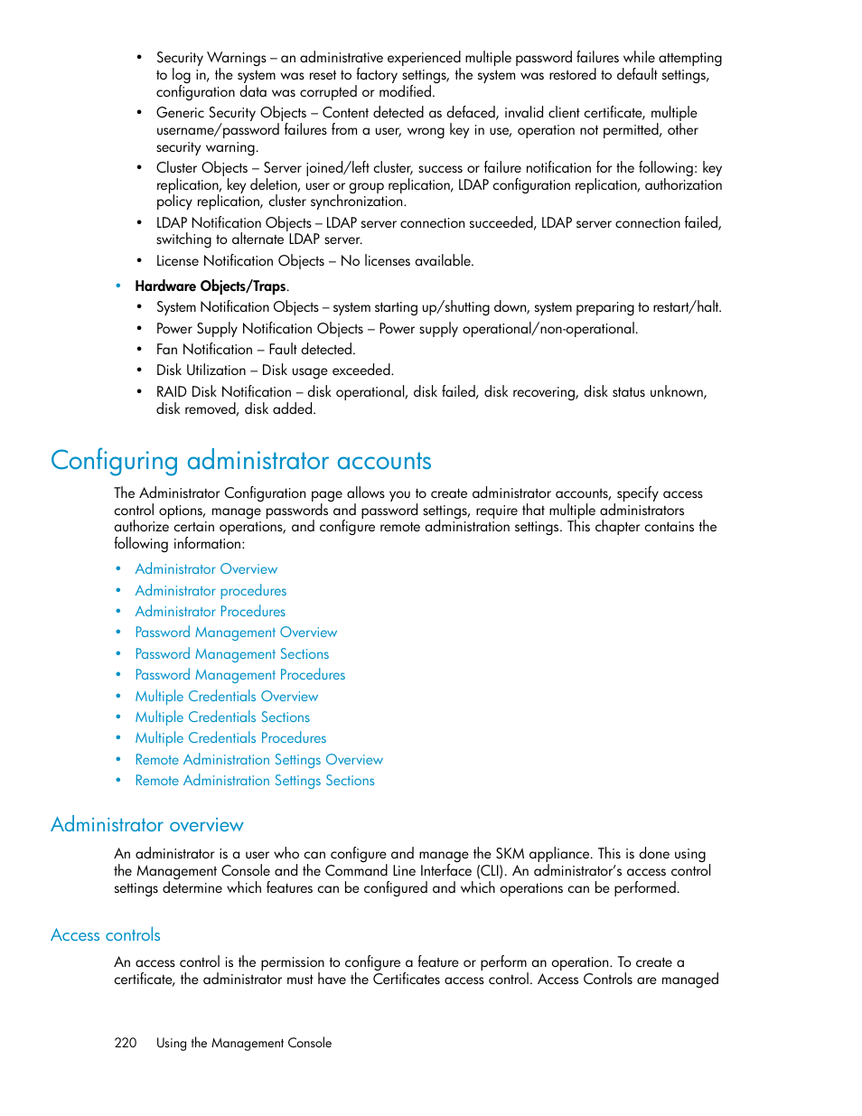 Configuring administrator accounts, Administrator overview, Access controls | HP Secure Key Manager User Manual | Page 220 / 352