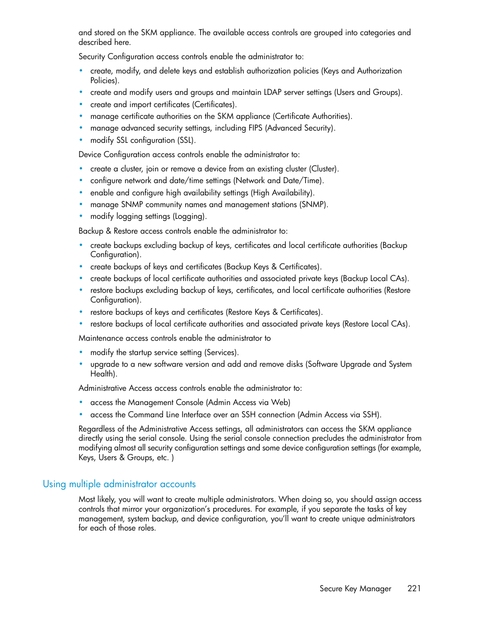 Using multiple administrator accounts | HP Secure Key Manager User Manual | Page 221 / 352