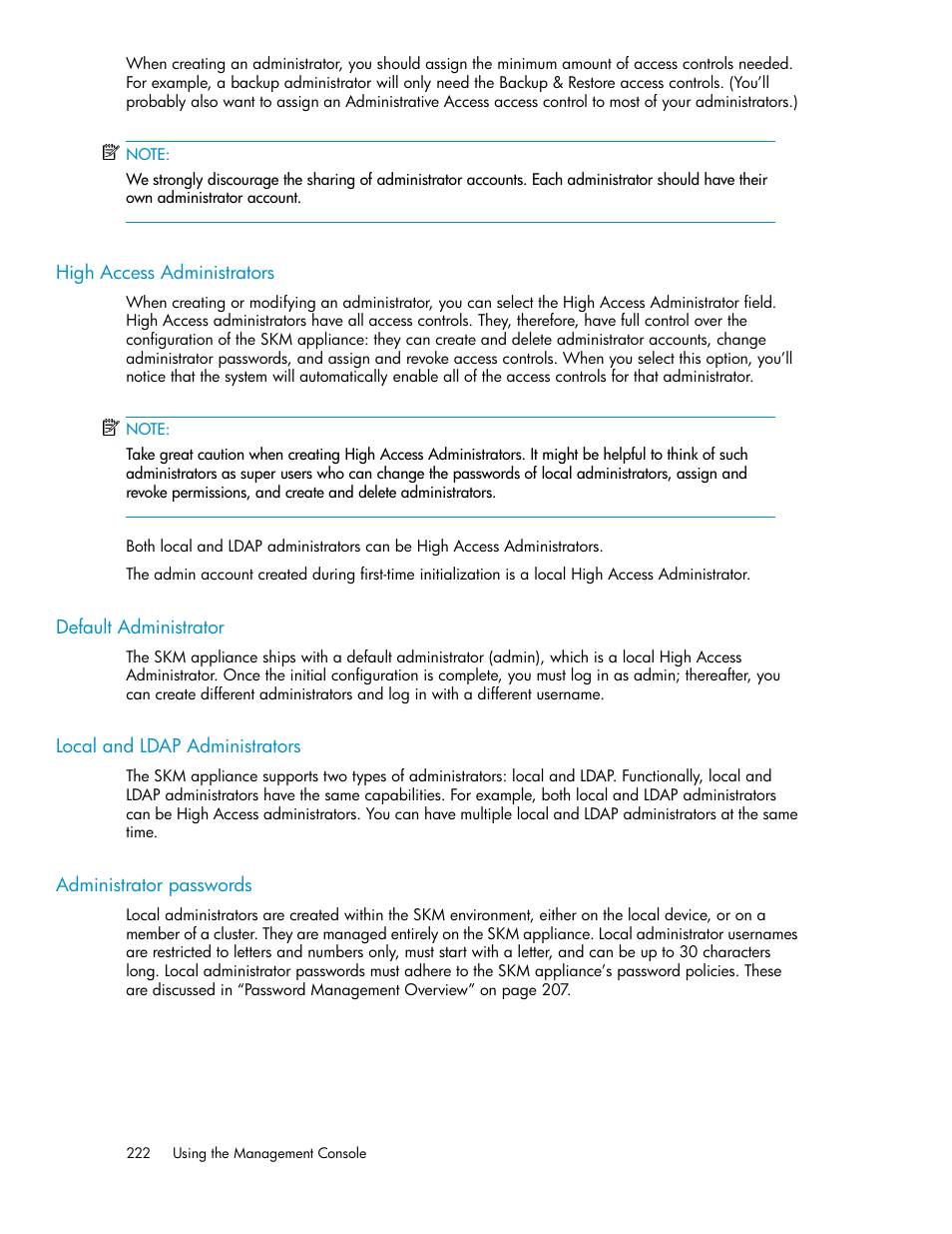 High access administrators, Default administrator, Local and ldap administrators | Administrator passwords, 222 default administrator, 222 local and ldap administrators, 222 administrator passwords | HP Secure Key Manager User Manual | Page 222 / 352
