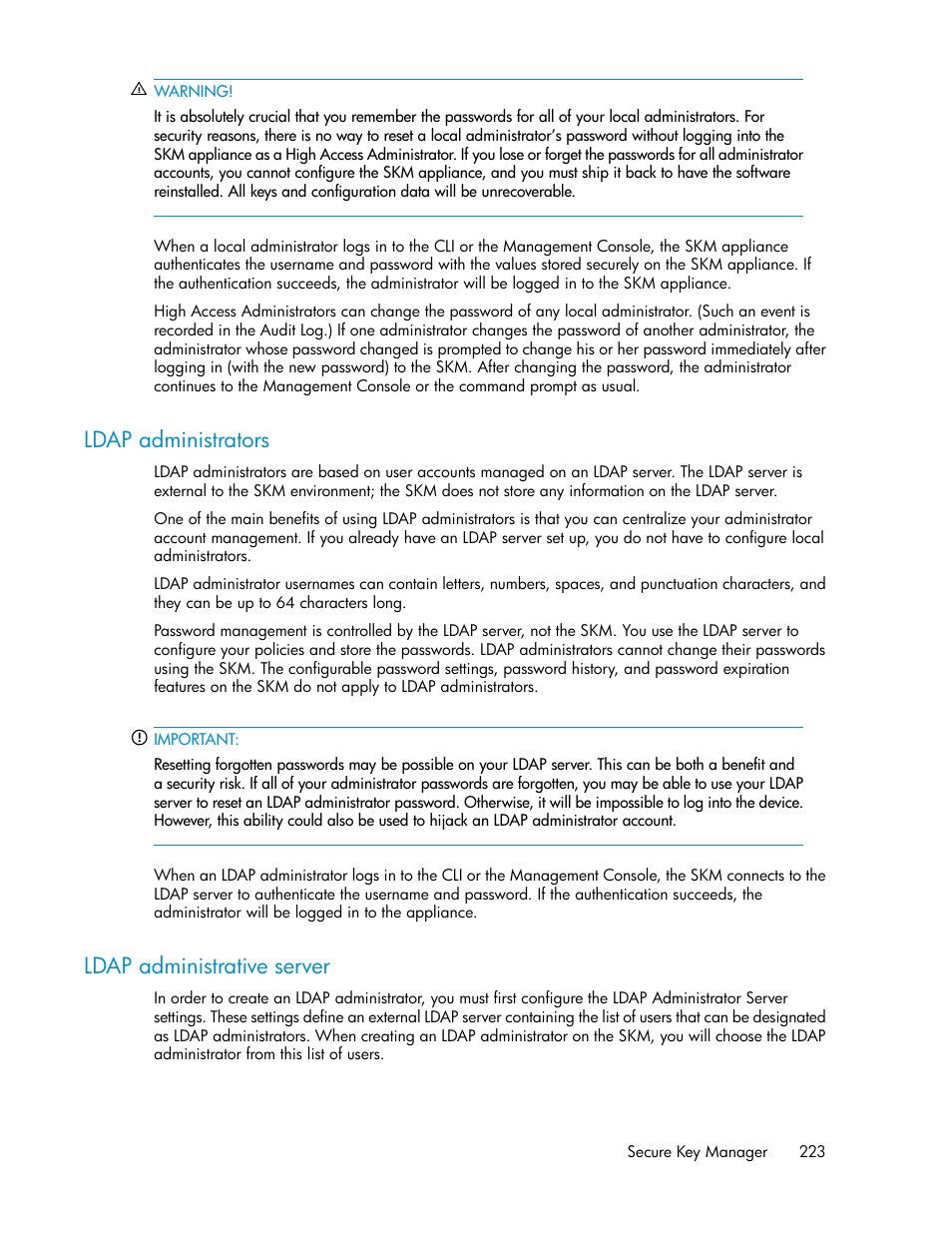 Ldap administrators, Ldap administrative server, 223 ldap administrative server | HP Secure Key Manager User Manual | Page 223 / 352