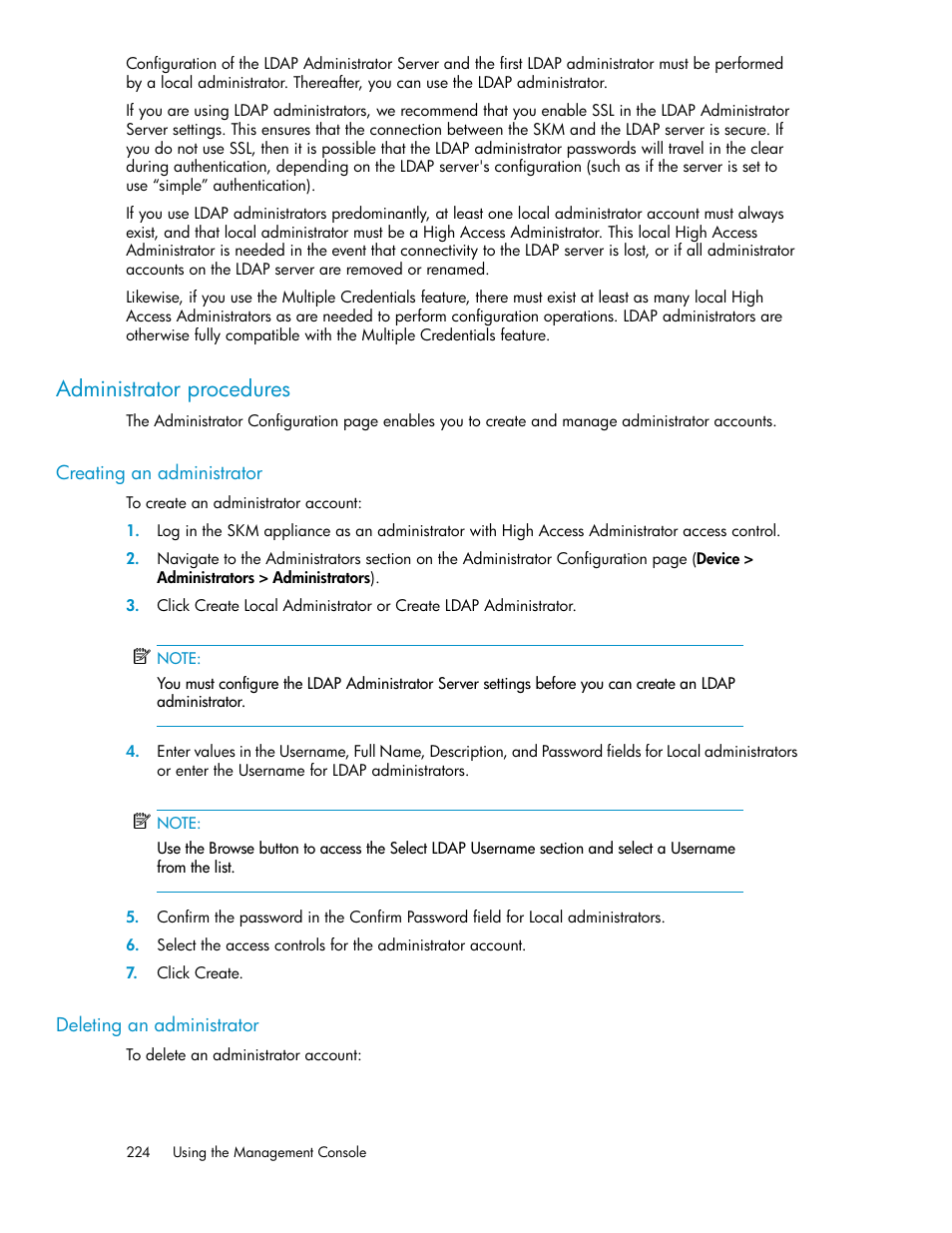 Administrator procedures, Creating an administrator, Deleting an administrator | 224 deleting an administrator | HP Secure Key Manager User Manual | Page 224 / 352