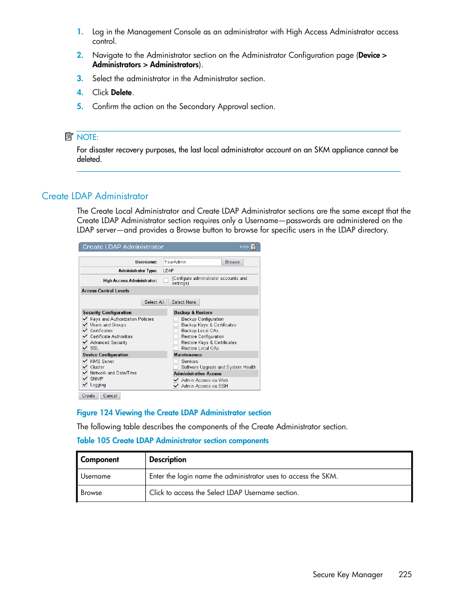 Create ldap administrator, Viewing the create ldap administrator section, Create ldap administrator section components | HP Secure Key Manager User Manual | Page 225 / 352