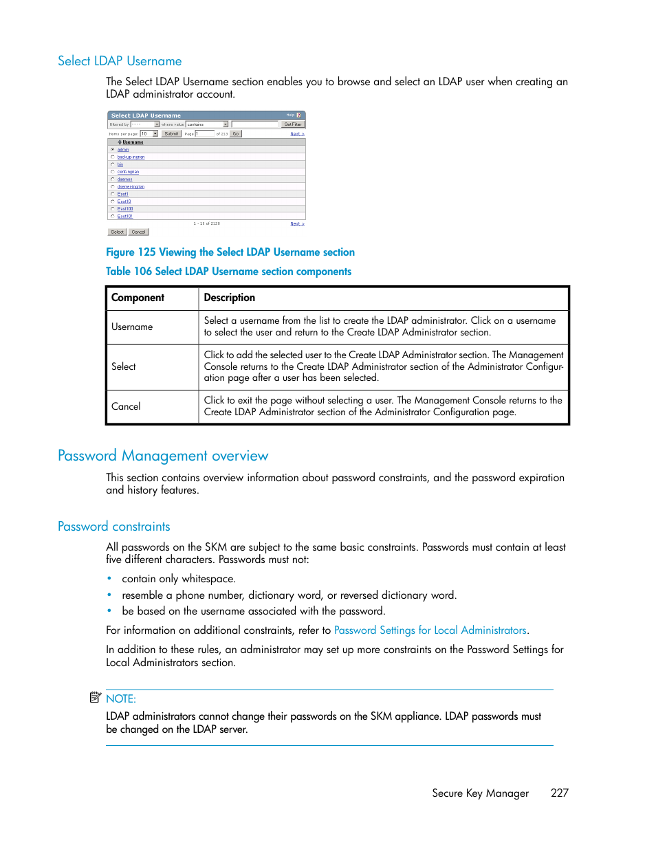 Select ldap username, Password management overview, Password constraints | Viewing the select ldap username section, Select ldap username section components | HP Secure Key Manager User Manual | Page 227 / 352