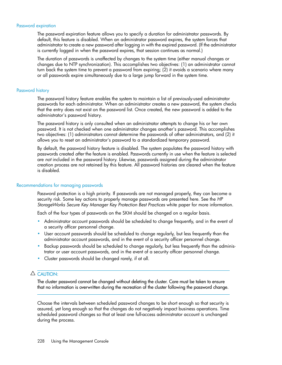 Password expiration, Password history, Recommendations for managing passwords | HP Secure Key Manager User Manual | Page 228 / 352