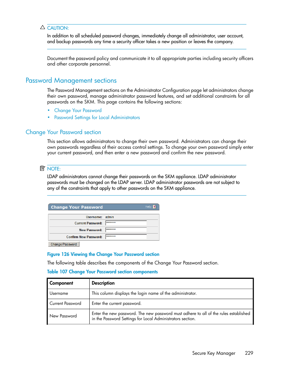 Password management sections, Change your password section, Viewing the change your password section | Change your password section components | HP Secure Key Manager User Manual | Page 229 / 352