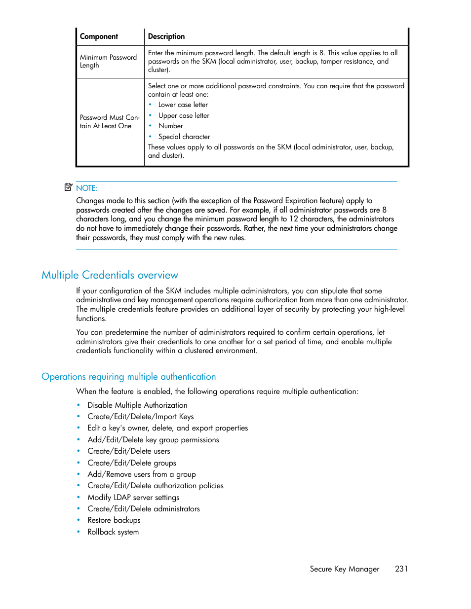 Multiple credentials overview, Operations requiring multiple authentication | HP Secure Key Manager User Manual | Page 231 / 352