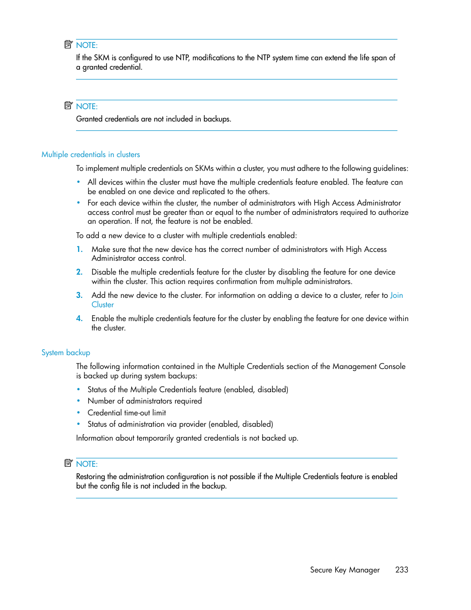 Multiple credentials in clusters, System backup | HP Secure Key Manager User Manual | Page 233 / 352