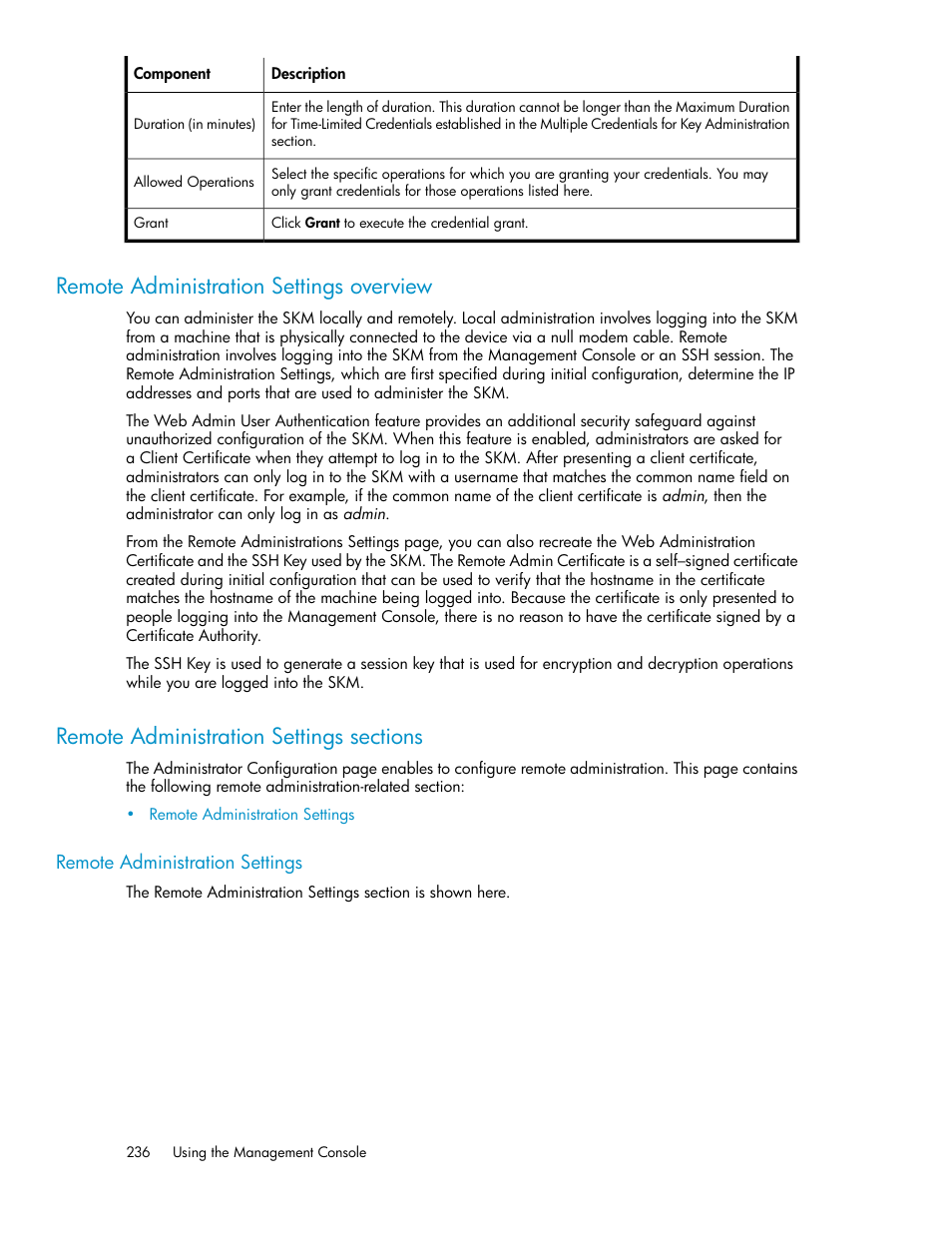 Remote administration settings overview, Remote administration settings sections, Remote administration settings | 236 remote administration settings sections | HP Secure Key Manager User Manual | Page 236 / 352