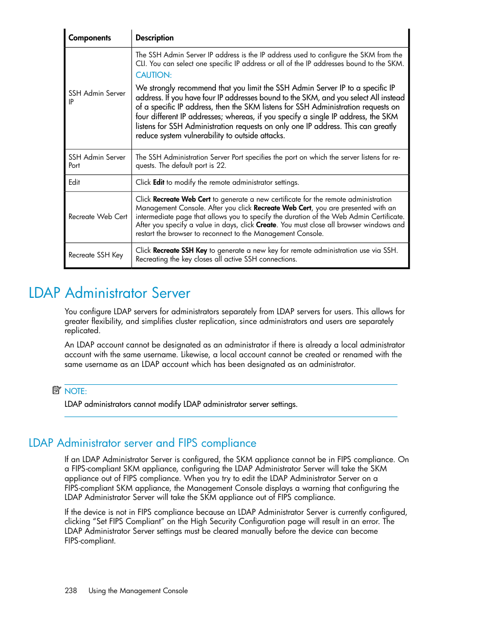 Ldap administrator server, Ldap administrator server and fips compliance | HP Secure Key Manager User Manual | Page 238 / 352