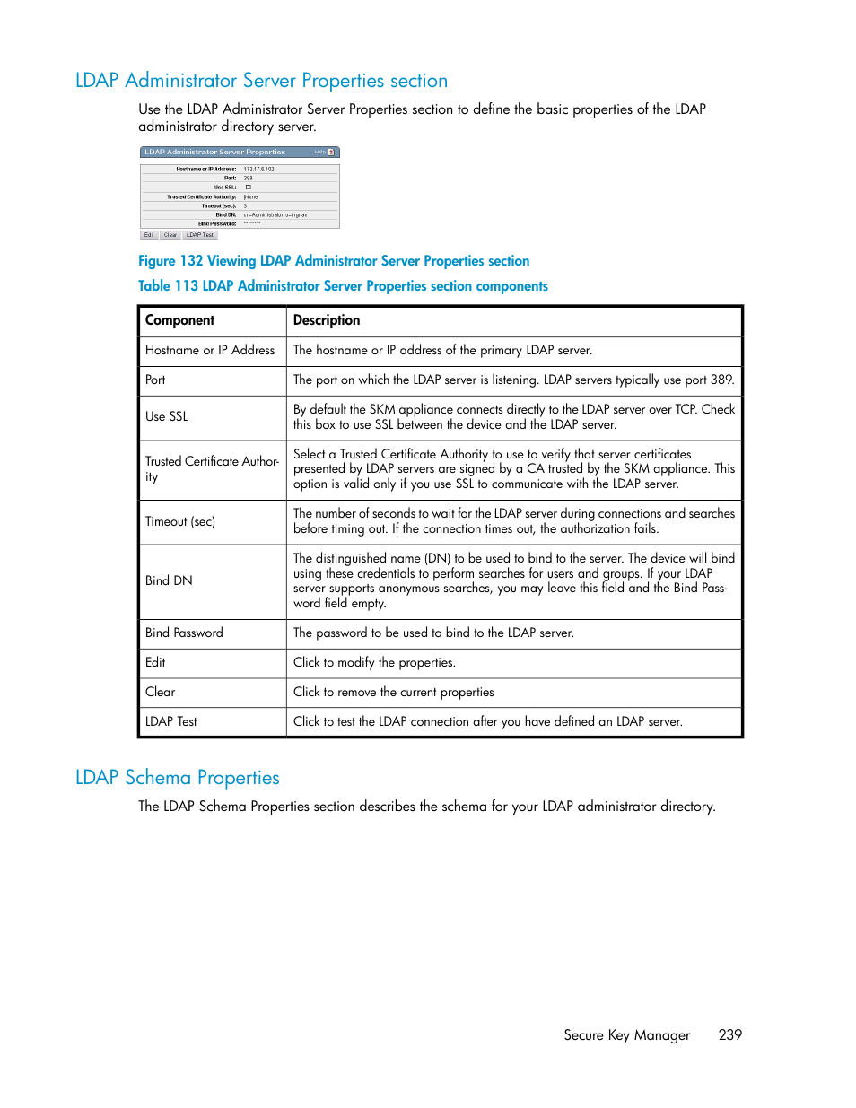 Ldap administrator server properties section, Ldap schema properties, 239 ldap schema properties | HP Secure Key Manager User Manual | Page 239 / 352