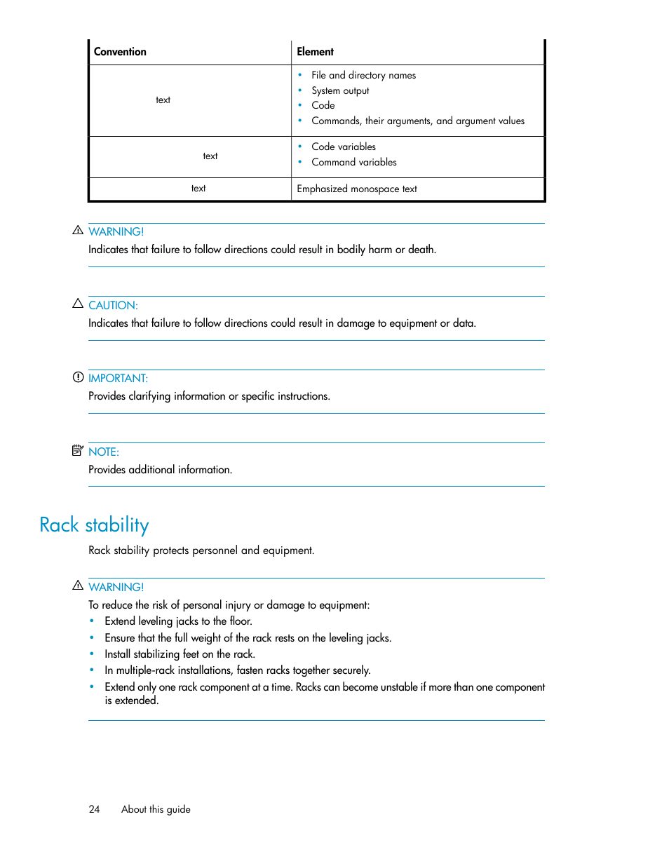 Rack stability | HP Secure Key Manager User Manual | Page 24 / 352