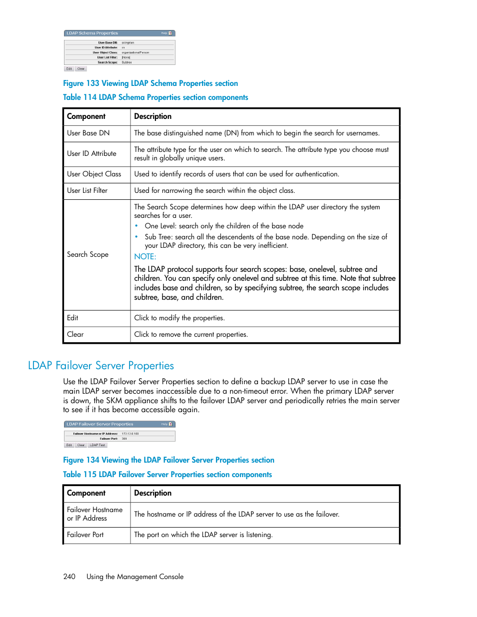 Ldap failover server properties, Viewing ldap schema properties section, Ldap schema properties section components | Ldap failover server properties section components | HP Secure Key Manager User Manual | Page 240 / 352