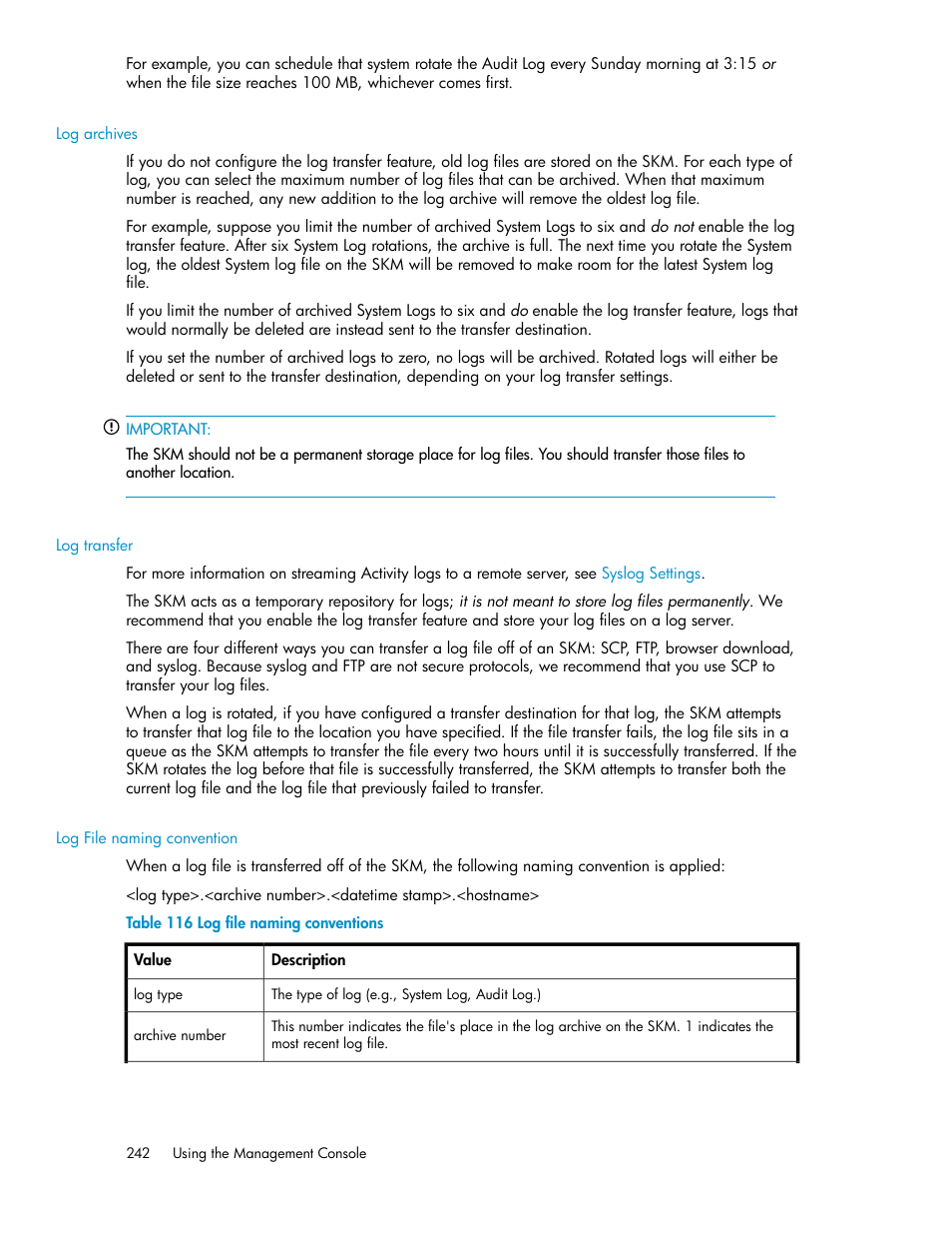 Log archives, Log transfer, Log file naming convention | Log file naming conventions | HP Secure Key Manager User Manual | Page 242 / 352