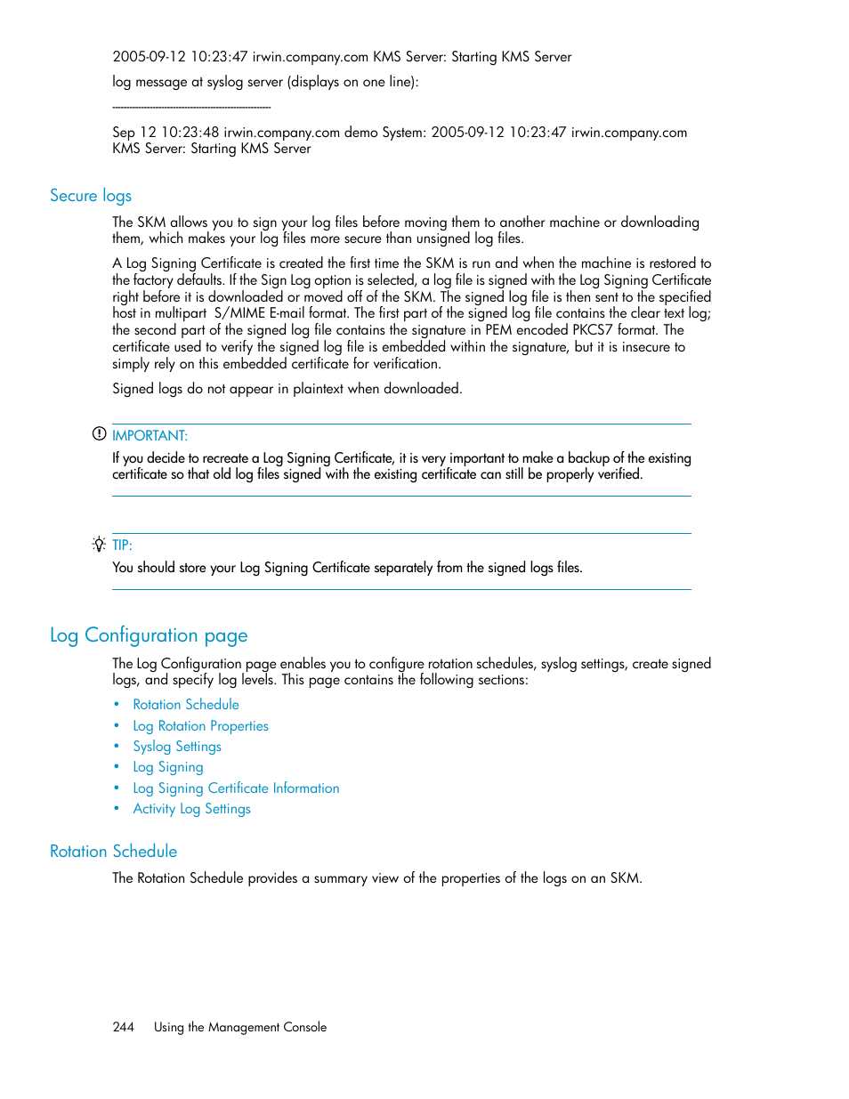 Secure logs, Rotation schedule, Log configuration page | HP Secure Key Manager User Manual | Page 244 / 352