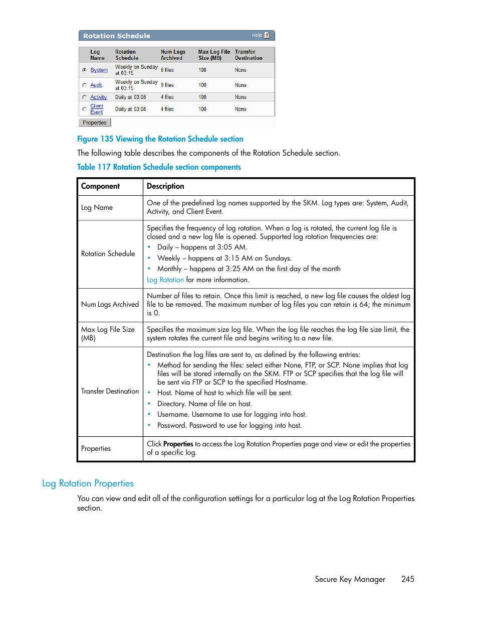 Log rotation properties, Viewing the rotation schedule section, Rotation schedule section components | HP Secure Key Manager User Manual | Page 245 / 352