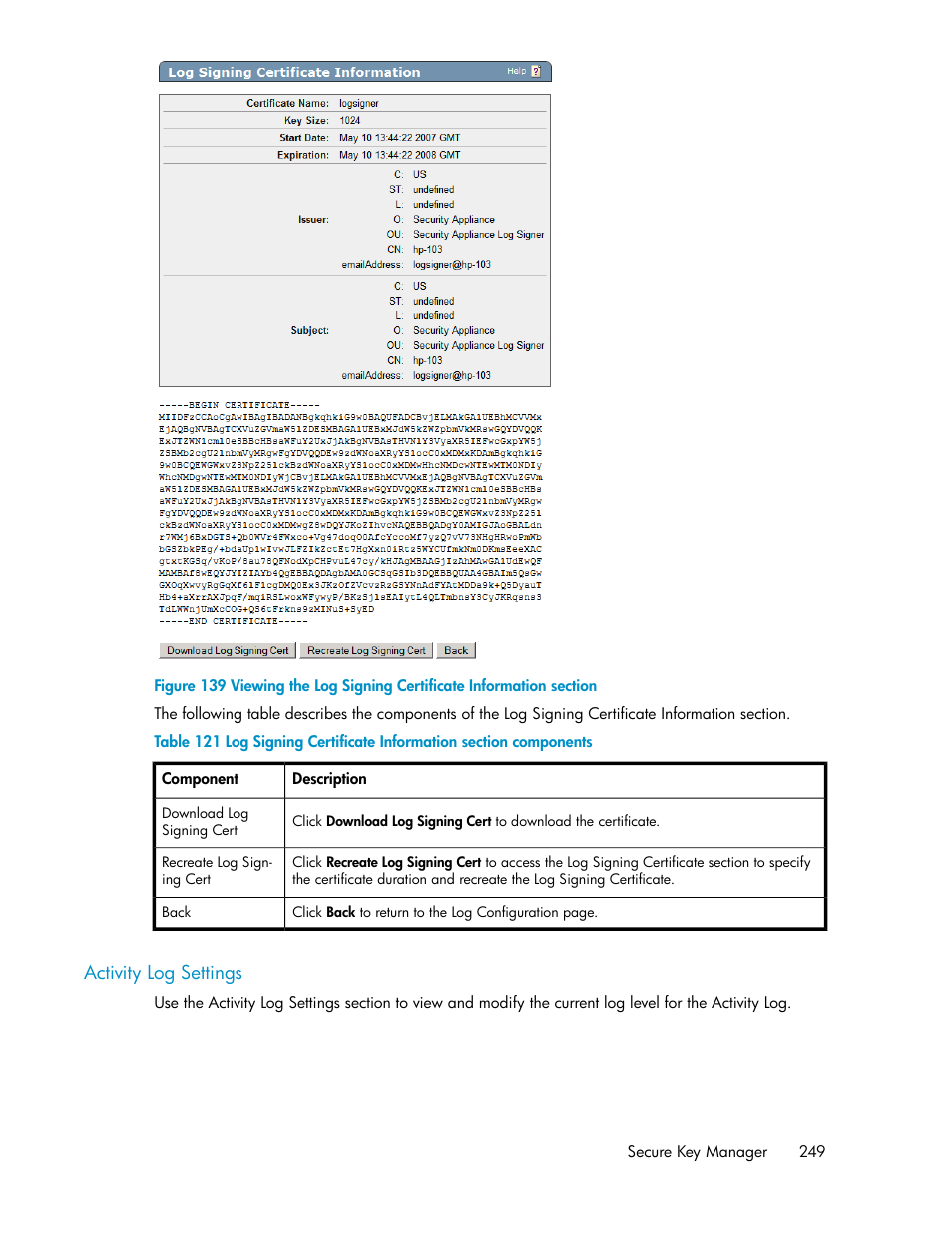 Activity log settings | HP Secure Key Manager User Manual | Page 249 / 352