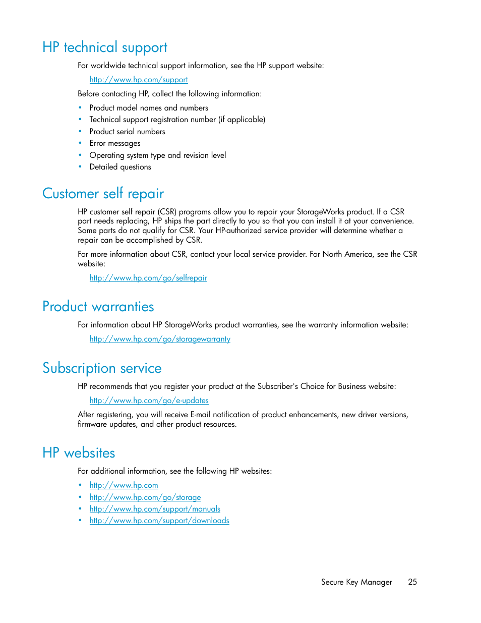 Hp technical support, Customer self repair, Product warranties | Subscription service, Hp websites, 25 customer self repair, 25 product warranties, 25 subscription service, 25 hp websites | HP Secure Key Manager User Manual | Page 25 / 352