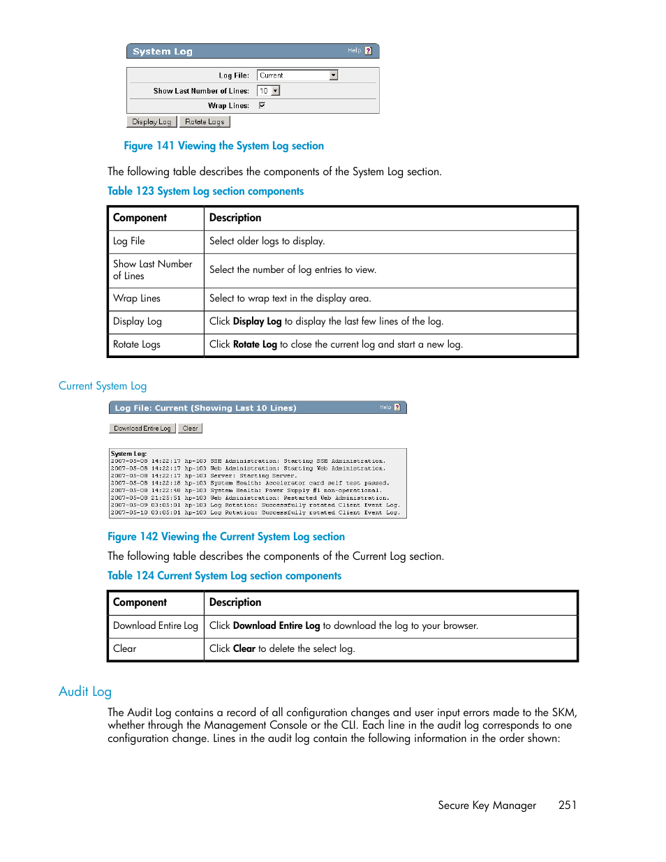 Current system log, Audit log, Viewing the system log section | Viewing the current system log section, System log section components, Current system log section components | HP Secure Key Manager User Manual | Page 251 / 352