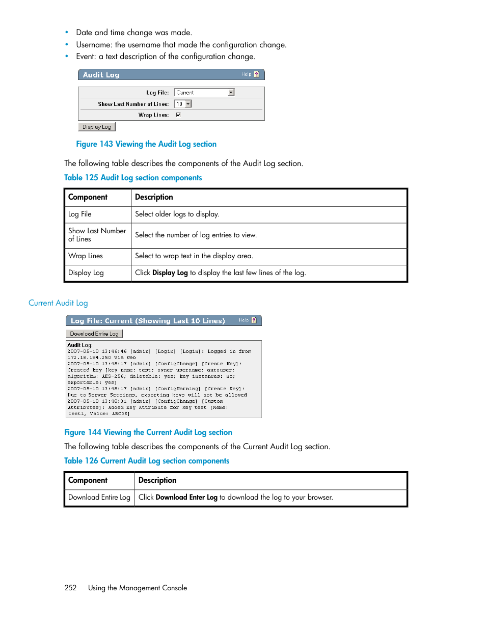 Current audit log, Viewing the audit log section, Viewing the current audit log section | Audit log section components, Current audit log section components | HP Secure Key Manager User Manual | Page 252 / 352