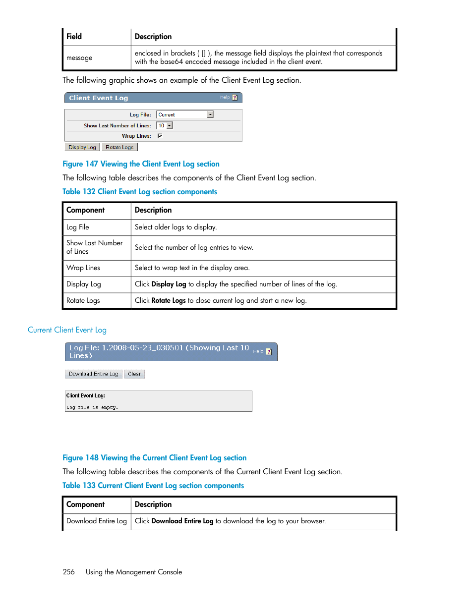 Current client event log, Viewing the client event log section, Viewing the current client event log section | Client event log section components, Current client event log section components | HP Secure Key Manager User Manual | Page 256 / 352