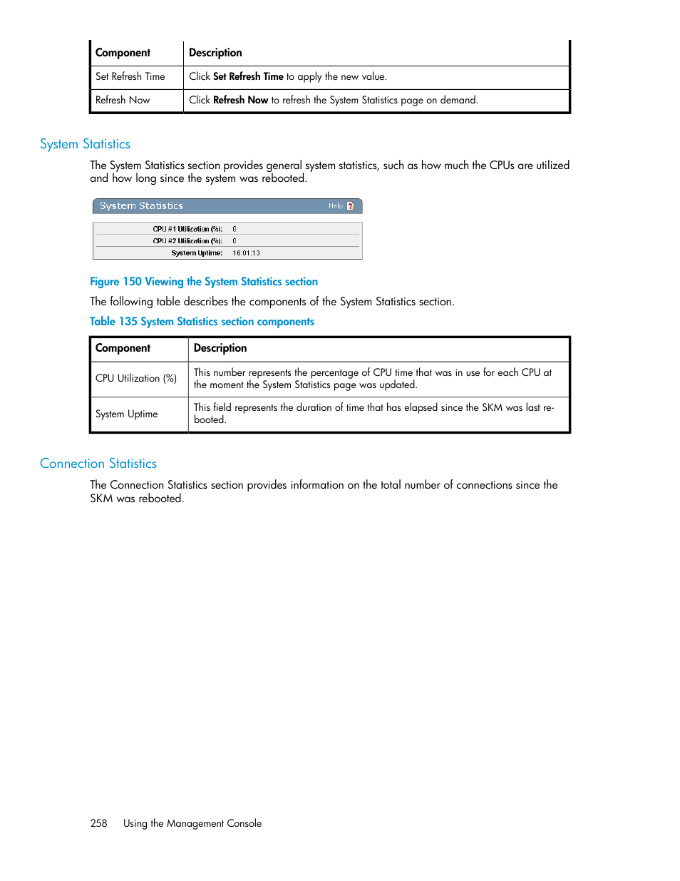 System statistics, Connection statistics, 258 connection statistics | Viewing the system statistics section, System statistics section components | HP Secure Key Manager User Manual | Page 258 / 352