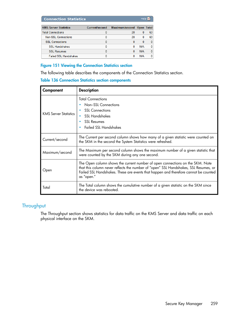 Throughput, Viewing the connection statistics section, Connection statistics section components | HP Secure Key Manager User Manual | Page 259 / 352