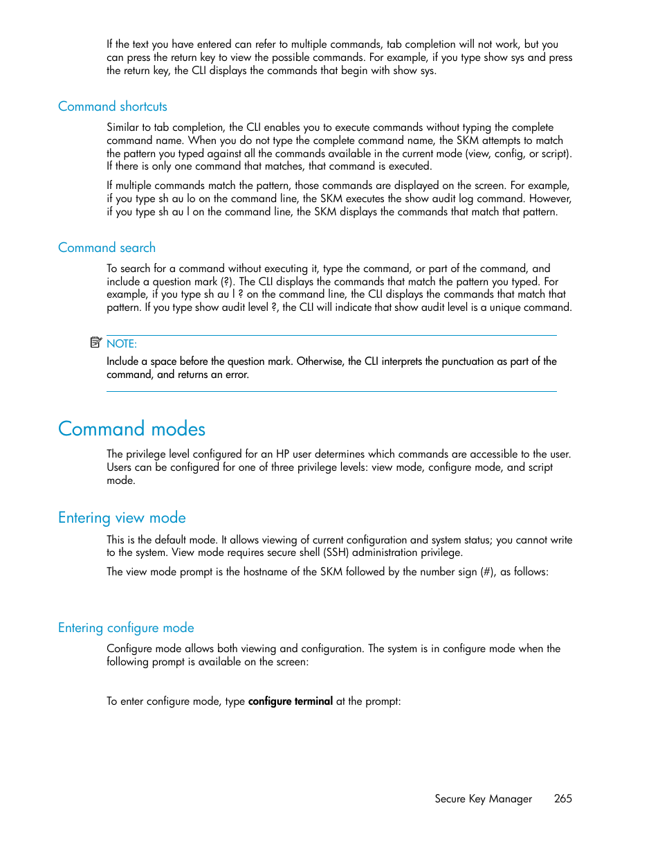 Command shortcuts, Command search, Command modes | Entering view mode, Entering configure mode, 265 command search | HP Secure Key Manager User Manual | Page 265 / 352