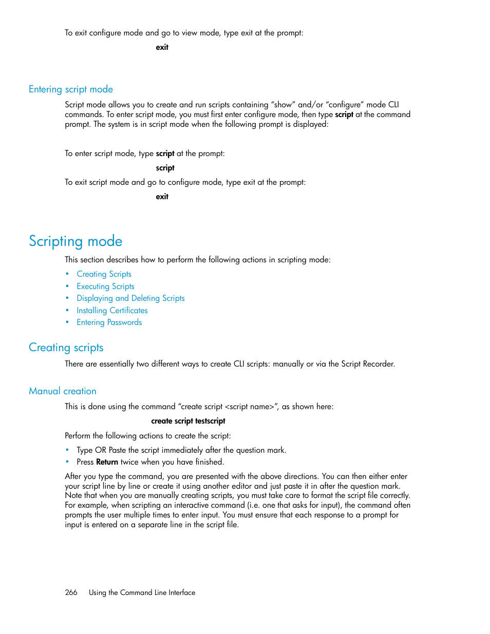 Entering script mode, Scripting mode, Creating scripts | Manual creation | HP Secure Key Manager User Manual | Page 266 / 352