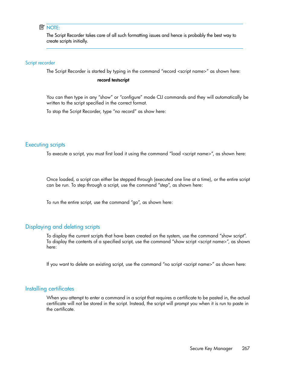 Script recorder, Executing scripts, Displaying and deleting scripts | Installing certificates, 267 displaying and deleting scripts, 267 installing certificates | HP Secure Key Manager User Manual | Page 267 / 352