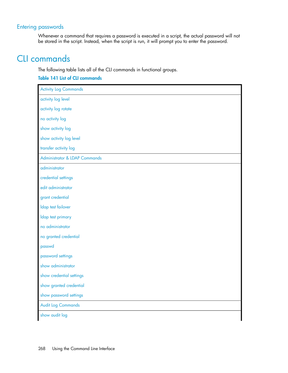 Entering passwords, Cli commands, List of cli commands | HP Secure Key Manager User Manual | Page 268 / 352