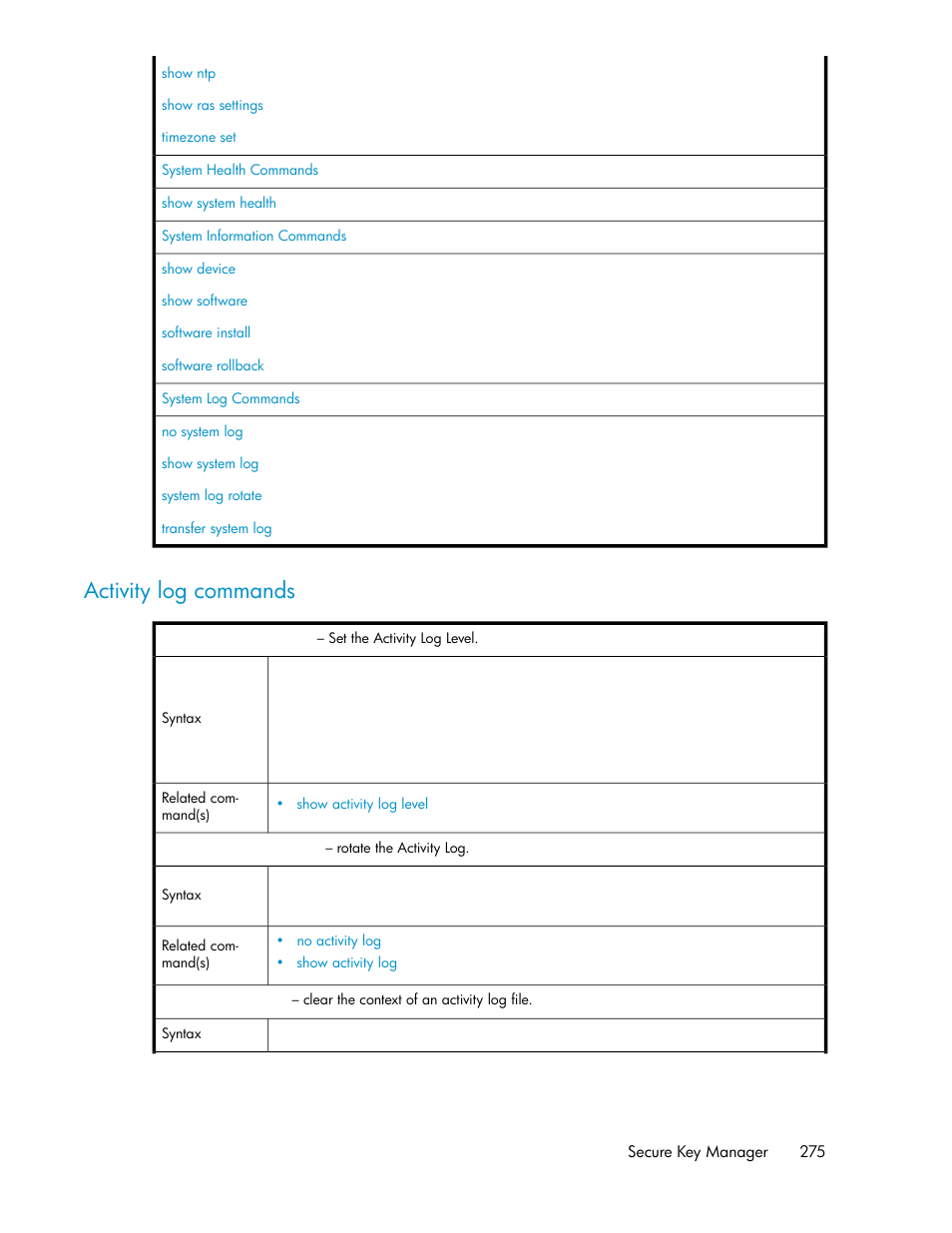 Activity log commands | HP Secure Key Manager User Manual | Page 275 / 352