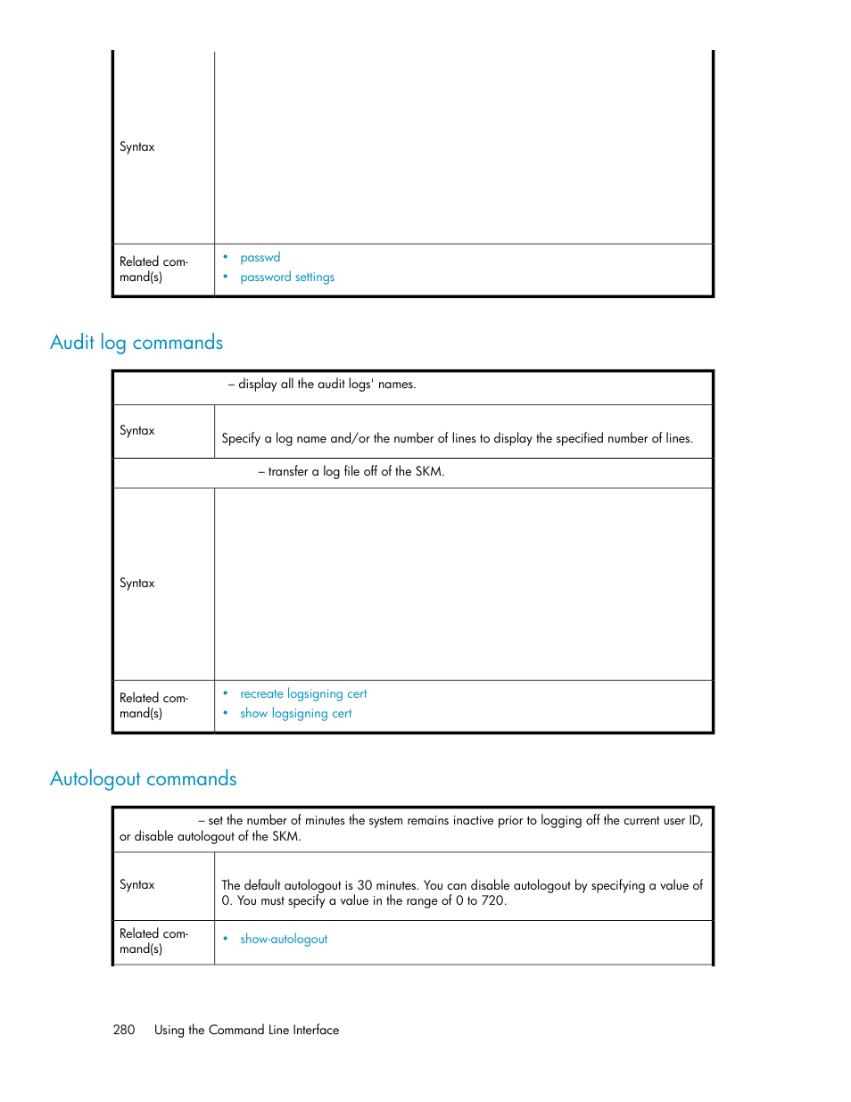 Audit log commands, Autologout commands, 280 autologout commands | HP Secure Key Manager User Manual | Page 280 / 352