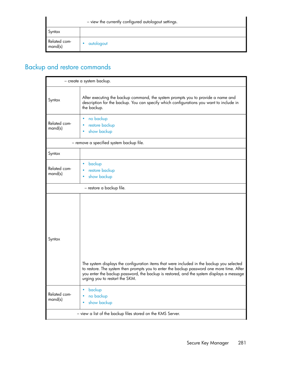 Backup and restore commands | HP Secure Key Manager User Manual | Page 281 / 352