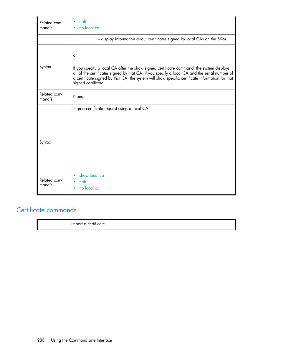 Certificate commands | HP Secure Key Manager User Manual | Page 286 / 352