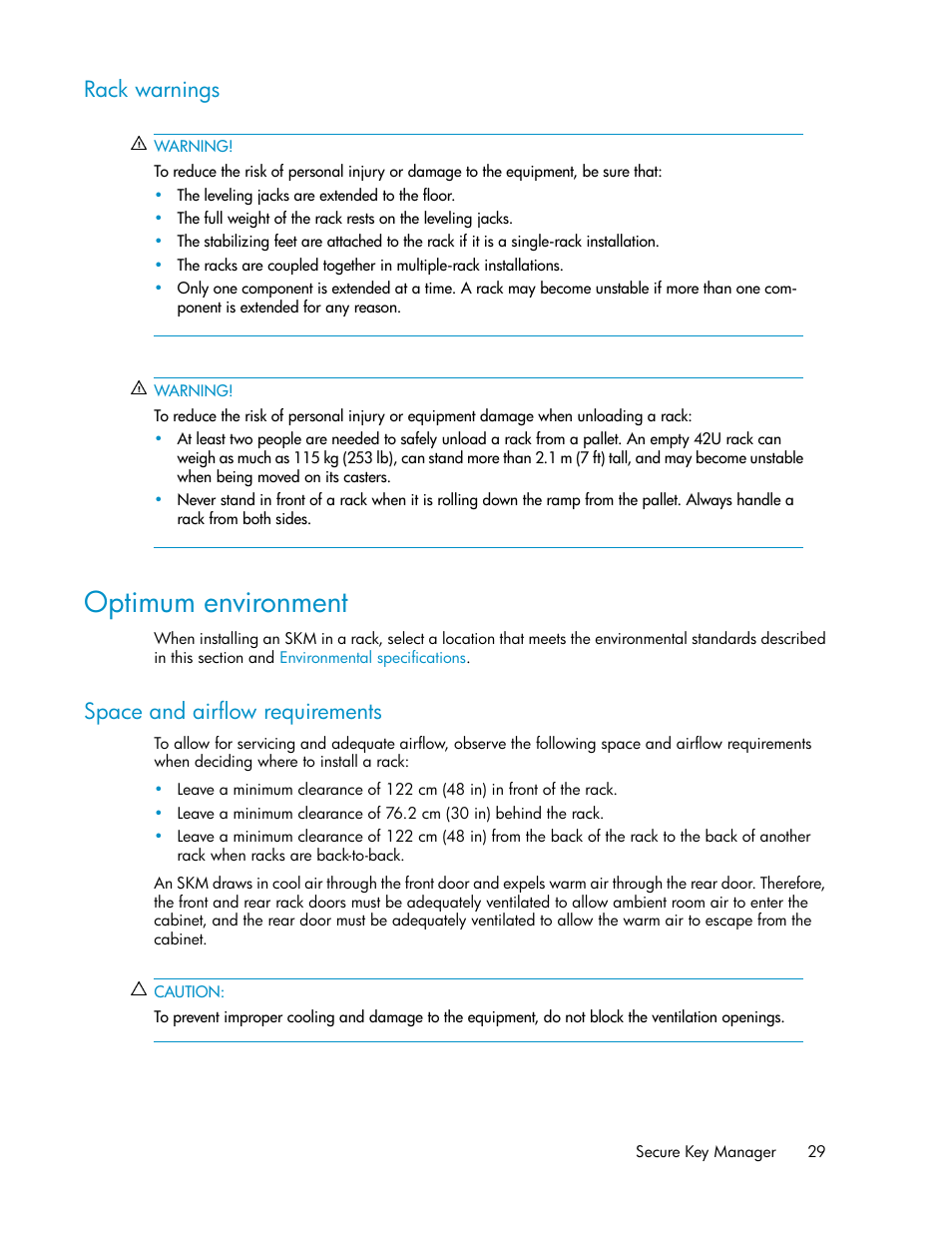 Rack warnings, Optimum environment, Space and airflow requirements | HP Secure Key Manager User Manual | Page 29 / 352