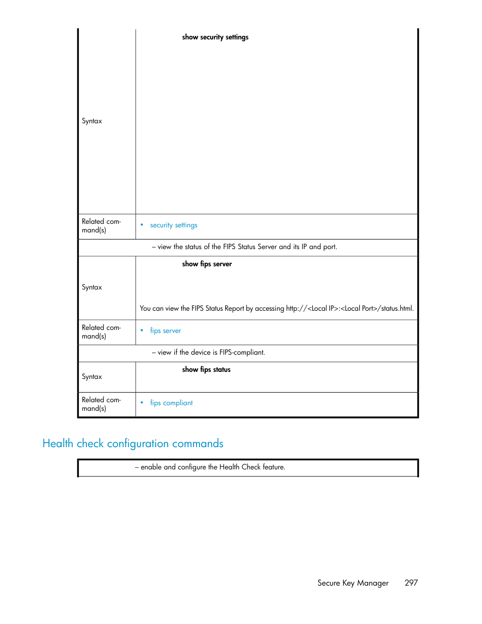 Health check configuration commands | HP Secure Key Manager User Manual | Page 297 / 352