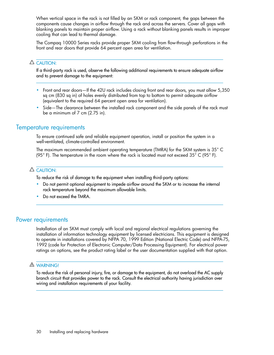 Temperature requirements, Power requirements, 30 power requirements | HP Secure Key Manager User Manual | Page 30 / 352