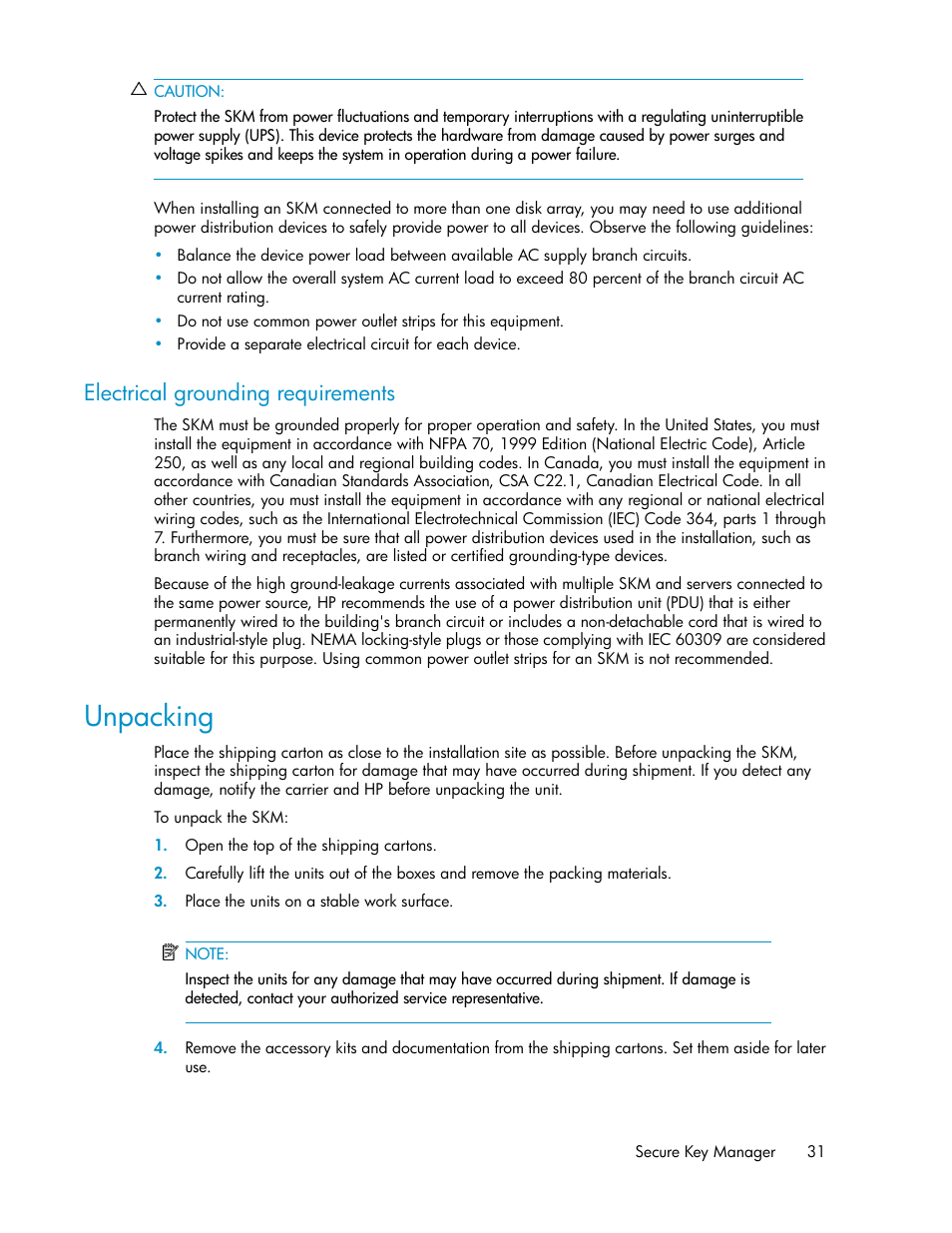 Electrical grounding requirements, Unpacking | HP Secure Key Manager User Manual | Page 31 / 352