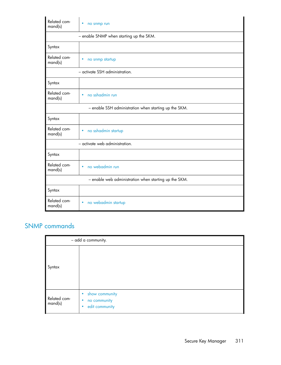 Snmp commands | HP Secure Key Manager User Manual | Page 311 / 352