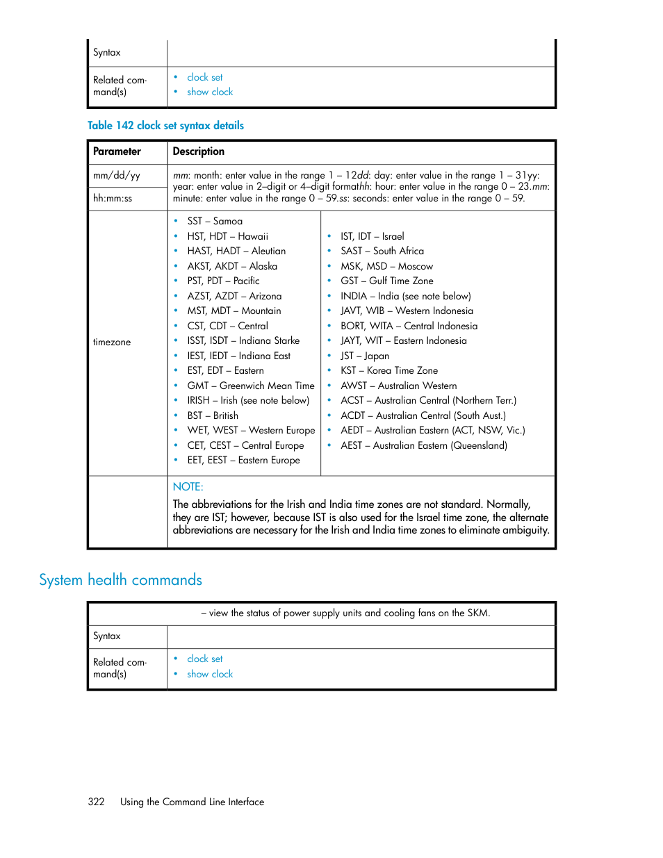 System health commands, Clock set syntax details | HP Secure Key Manager User Manual | Page 322 / 352