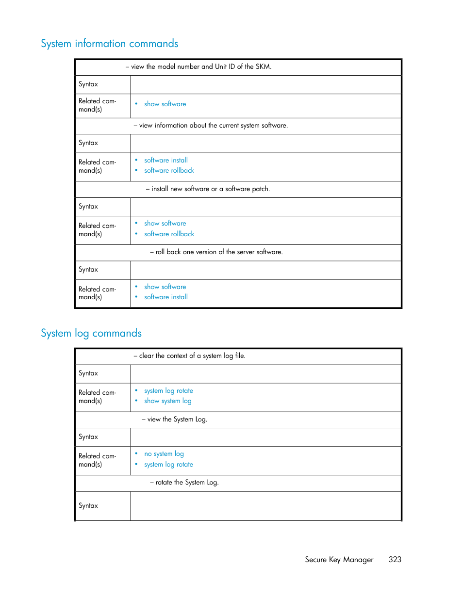 System information commands, System log commands, 323 system log commands | HP Secure Key Manager User Manual | Page 323 / 352