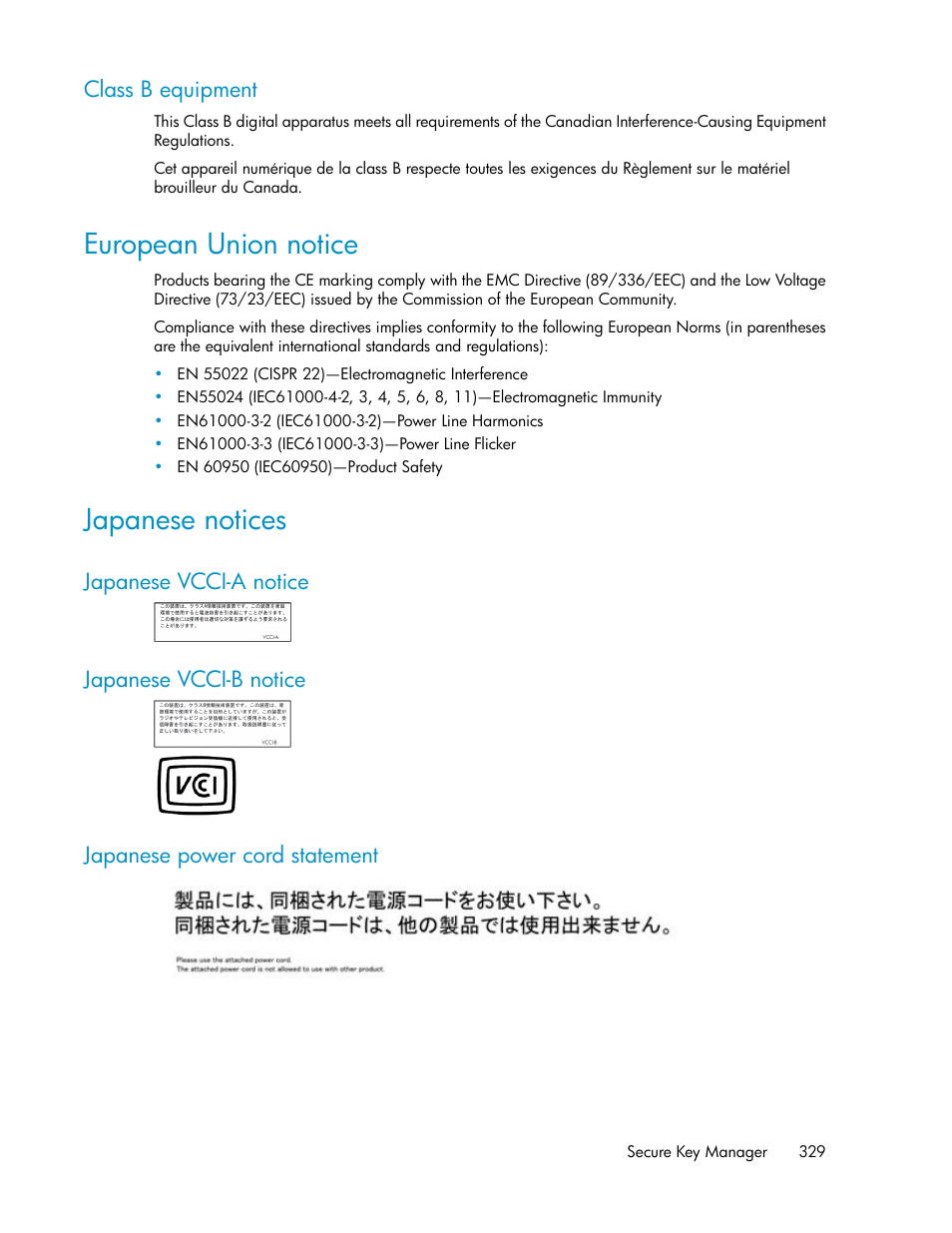 Class b equipment, European union notice, Japanese notices | Japanese vcci-a notice, Japanese vcci-b notice, Japanese power cord statement, 329 japanese notices, 329 japanese vcci-b notice, 329 japanese power cord statement | HP Secure Key Manager User Manual | Page 329 / 352