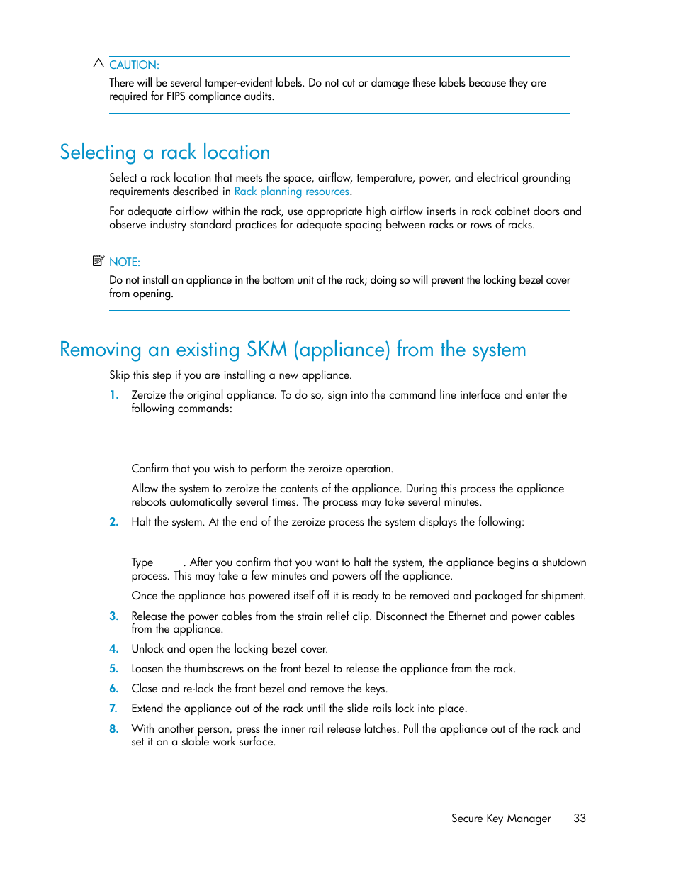 Selecting a rack location, Removing the existing appliance | HP Secure Key Manager User Manual | Page 33 / 352