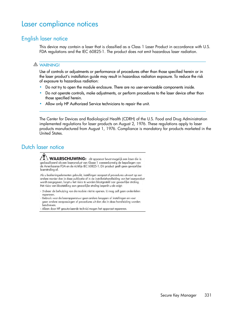 Laser compliance notices, English laser notice, Dutch laser notice | 331 dutch laser notice | HP Secure Key Manager User Manual | Page 331 / 352