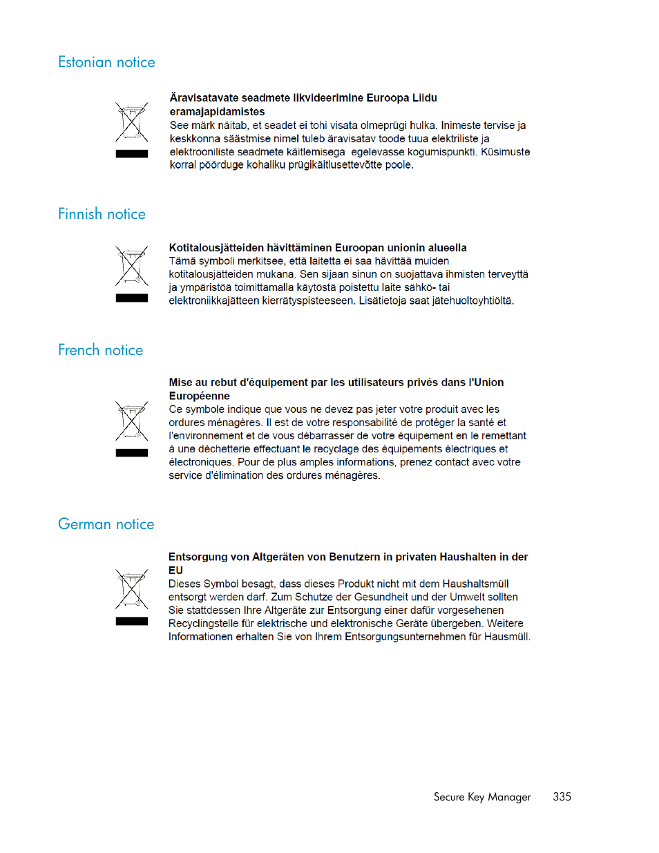 Estonian notice, Finnish notice, French notice | German notice, 335 finnish notice, 335 french notice, 335 german notice | HP Secure Key Manager User Manual | Page 335 / 352