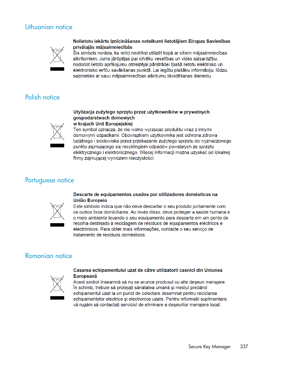 Lithuanian notice, Polish notice, Portuguese notice | Romanian notice, 337 polish notice, 337 portuguese notice, 337 romanian notice | HP Secure Key Manager User Manual | Page 337 / 352