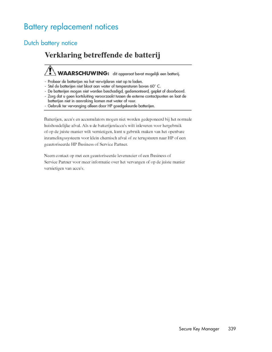 Battery replacement notices, Dutch battery notice | HP Secure Key Manager User Manual | Page 339 / 352