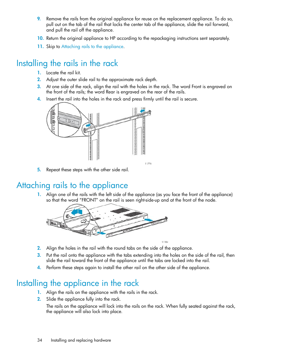 Installing the rails in the rack, Attaching rails to the appliance, Installing the appliance in the rack | 34 attaching rails to the appliance, 34 installing the appliance in the rack, Install rails in the rack | HP Secure Key Manager User Manual | Page 34 / 352